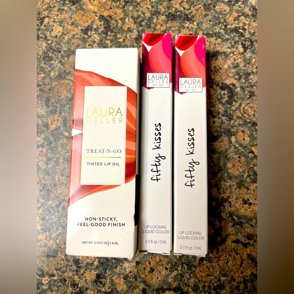 Laura Geller 50 Kisses Lip Locking Liquid lipsticks + Treat N Go tinted lip oil